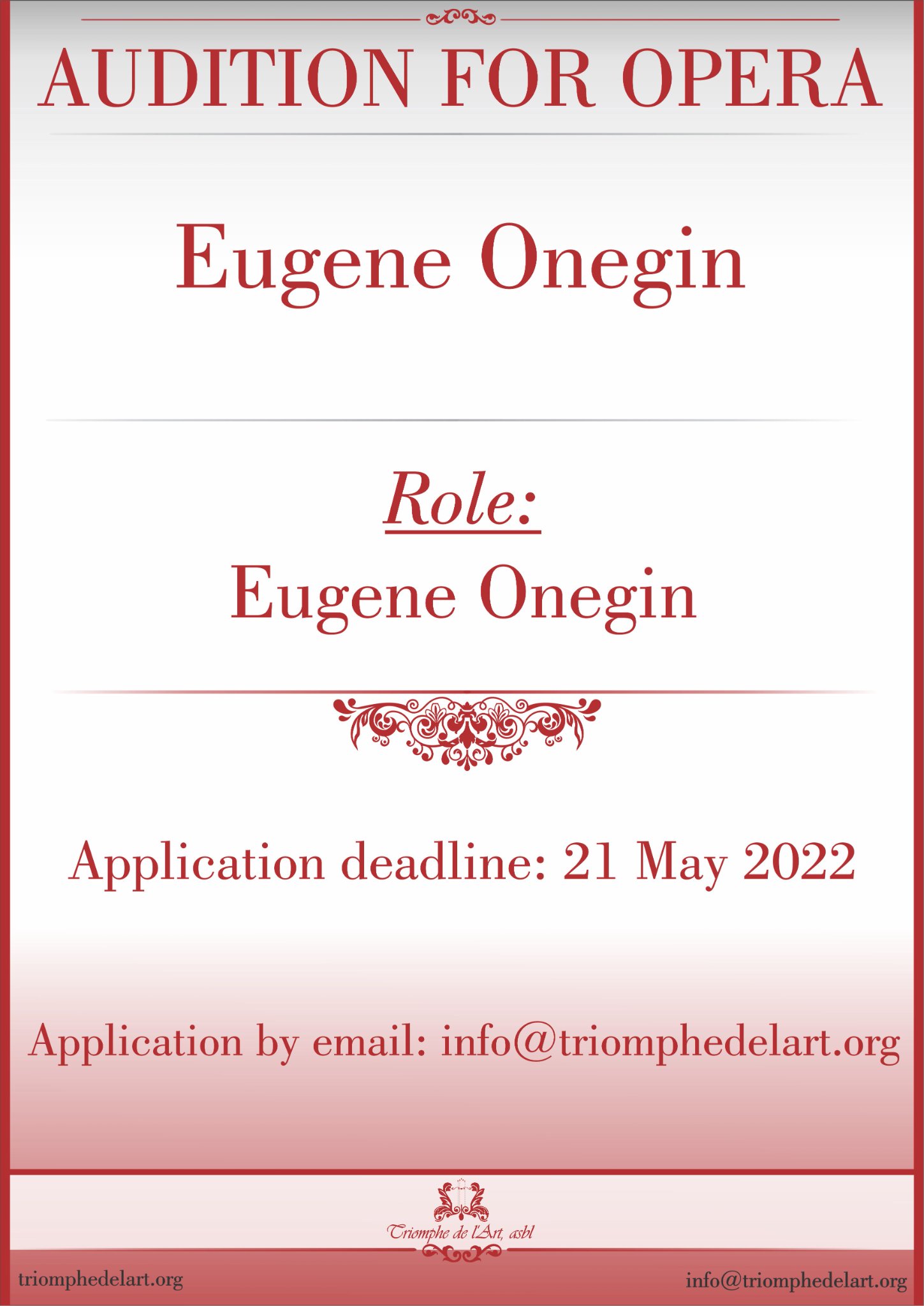 Affiche. Triomphe de l|Art. Audition for bariton - role Eugene Onegin, by Julietta Belgium. 2022-05-21